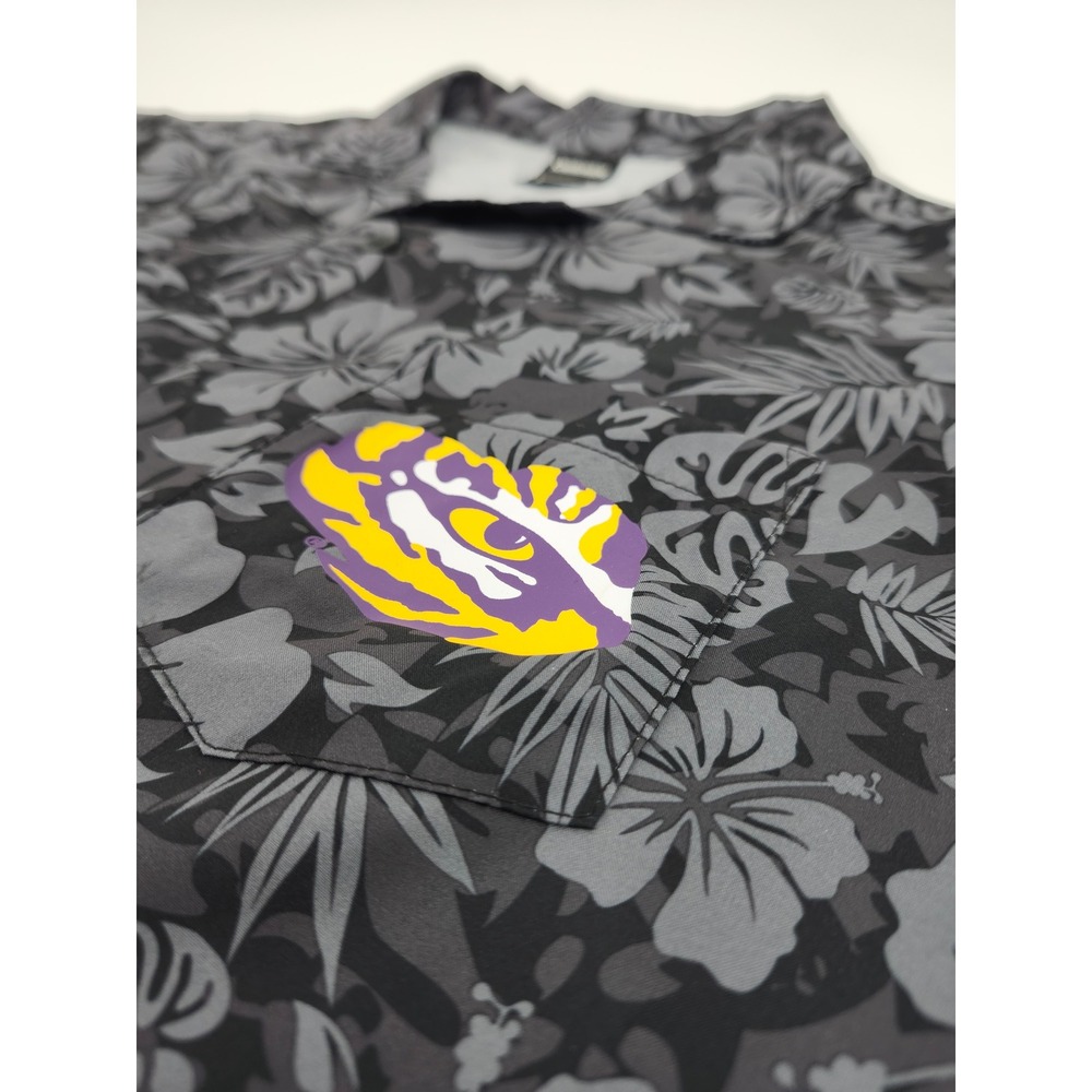 Captivating LSU Tigers Mens Medium Floral Hibiscus Button Down Shirt Grey Black